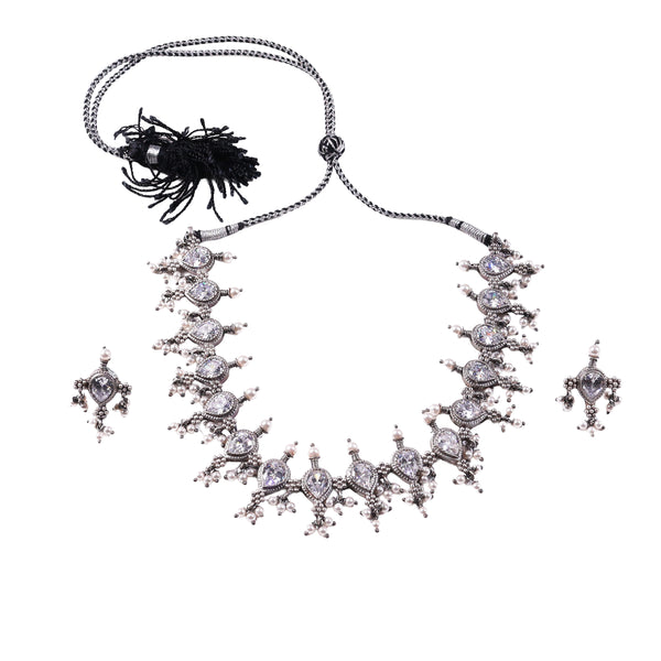 Oxidized Silver Kudi Tanmani Laffa choker with pearl and crystal embellishments