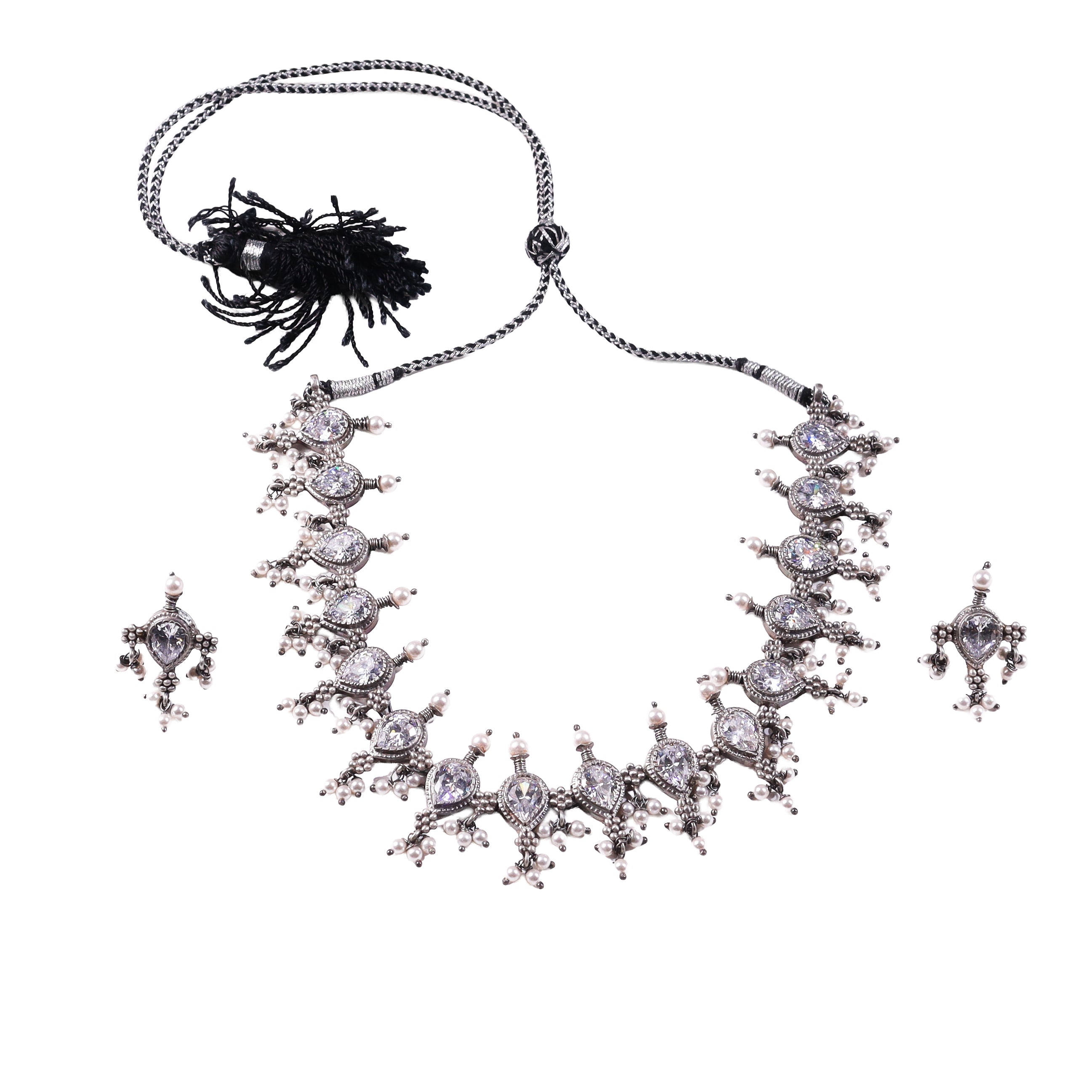 Oxidized Silver Kudi Tanmani Laffa choker with pearl and crystal embellishments
