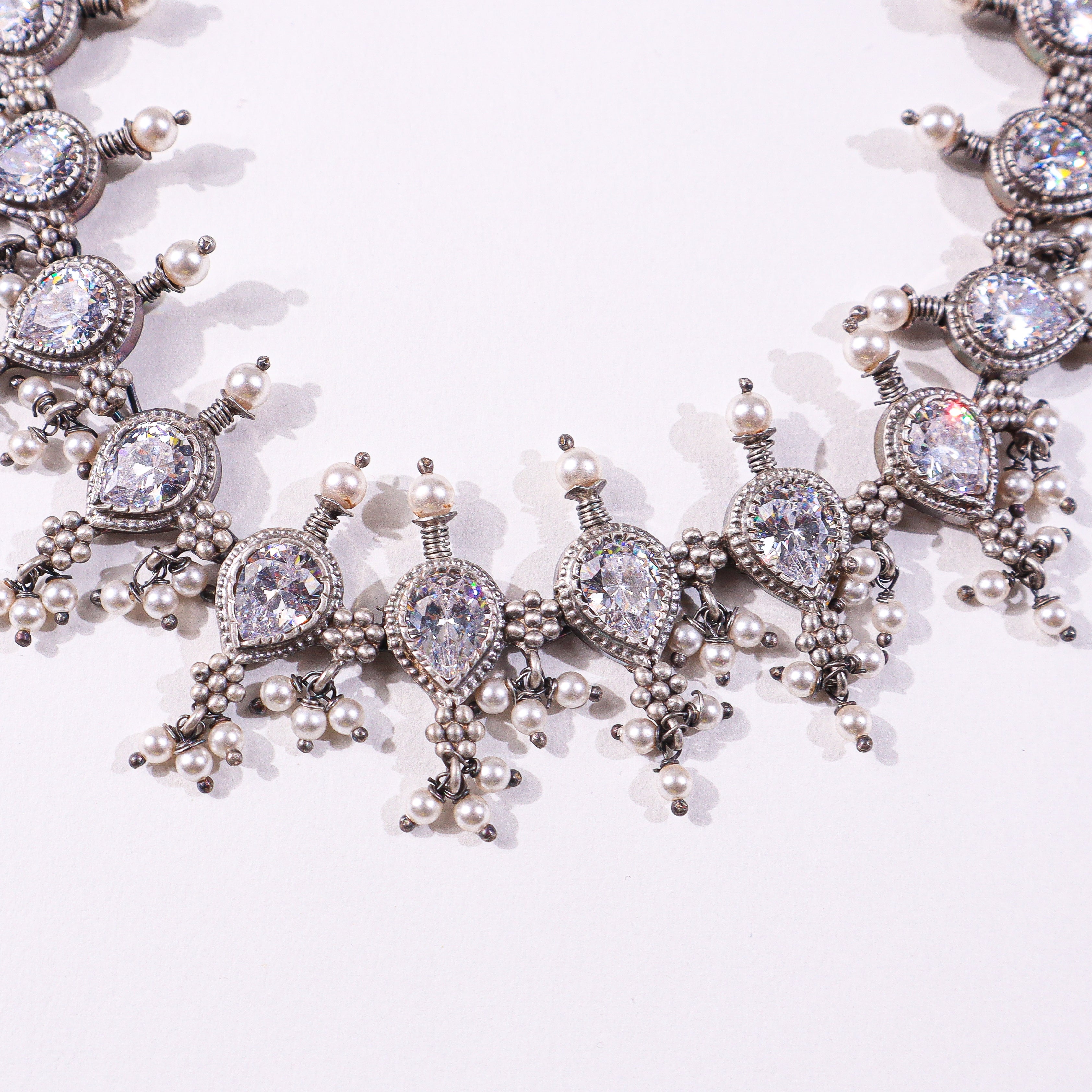 Oxidized silver Kudi Tanmani Laffa choker with crystals and pearls