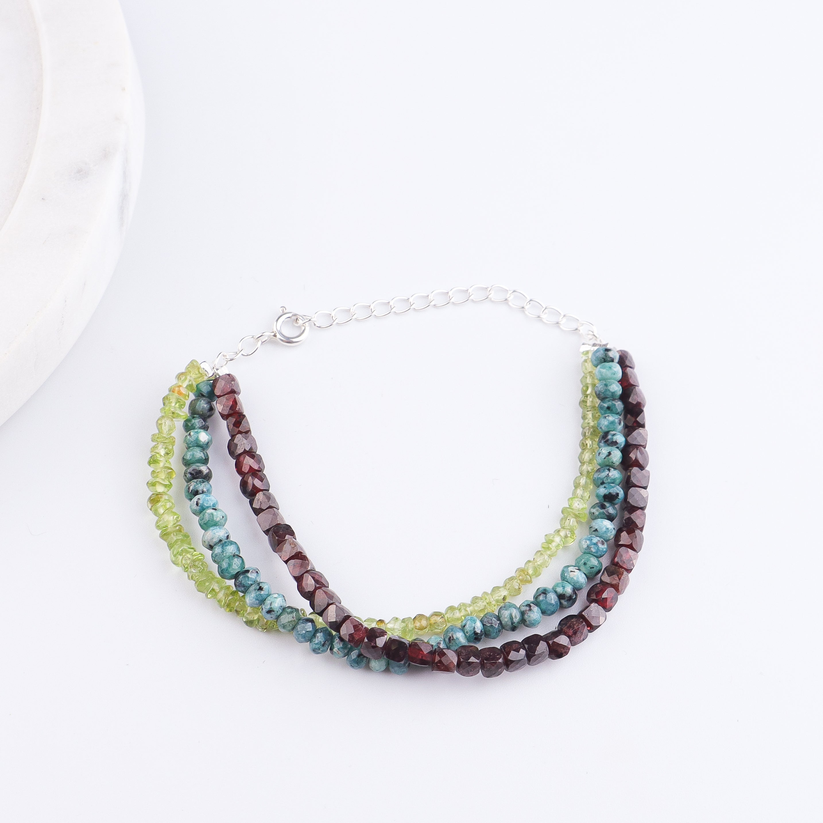 Green Jade, Garnet & Peridot Silver Bracelet (Project Handmade)