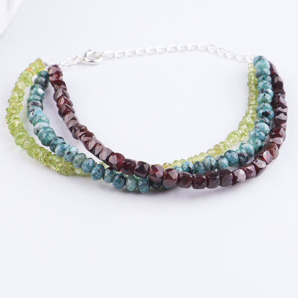 Green Jade, Garnet & Peridot Silver Bracelet (Project Handmade)
