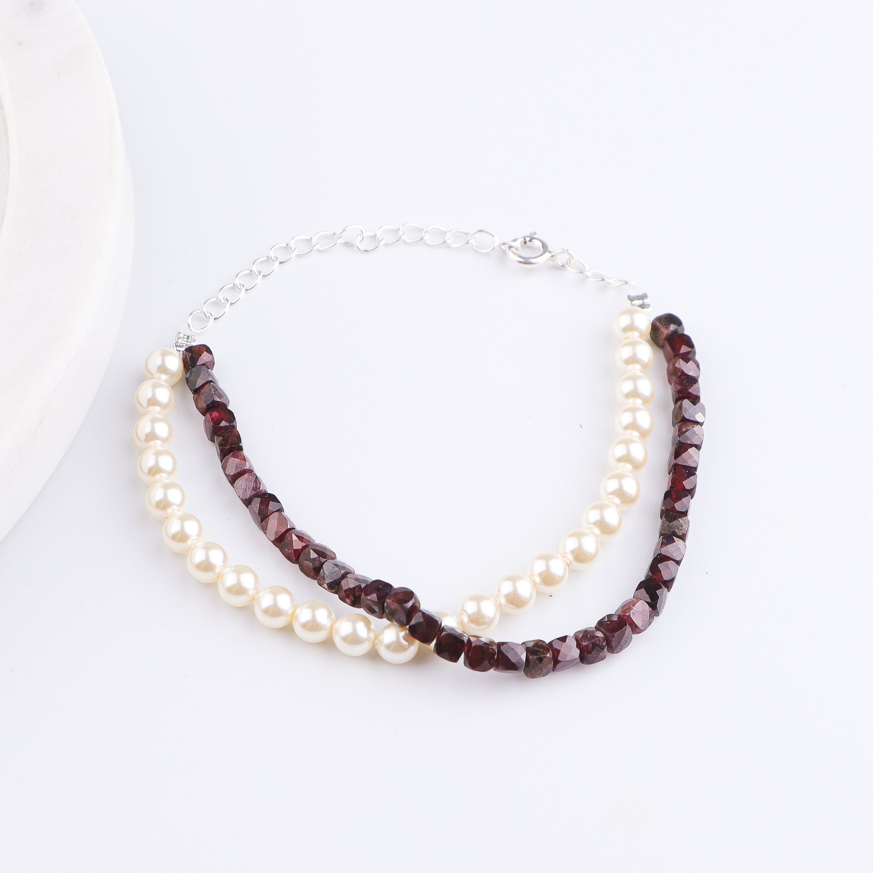 Garnet & Pearl Silver Bracelet (Project Handmade)