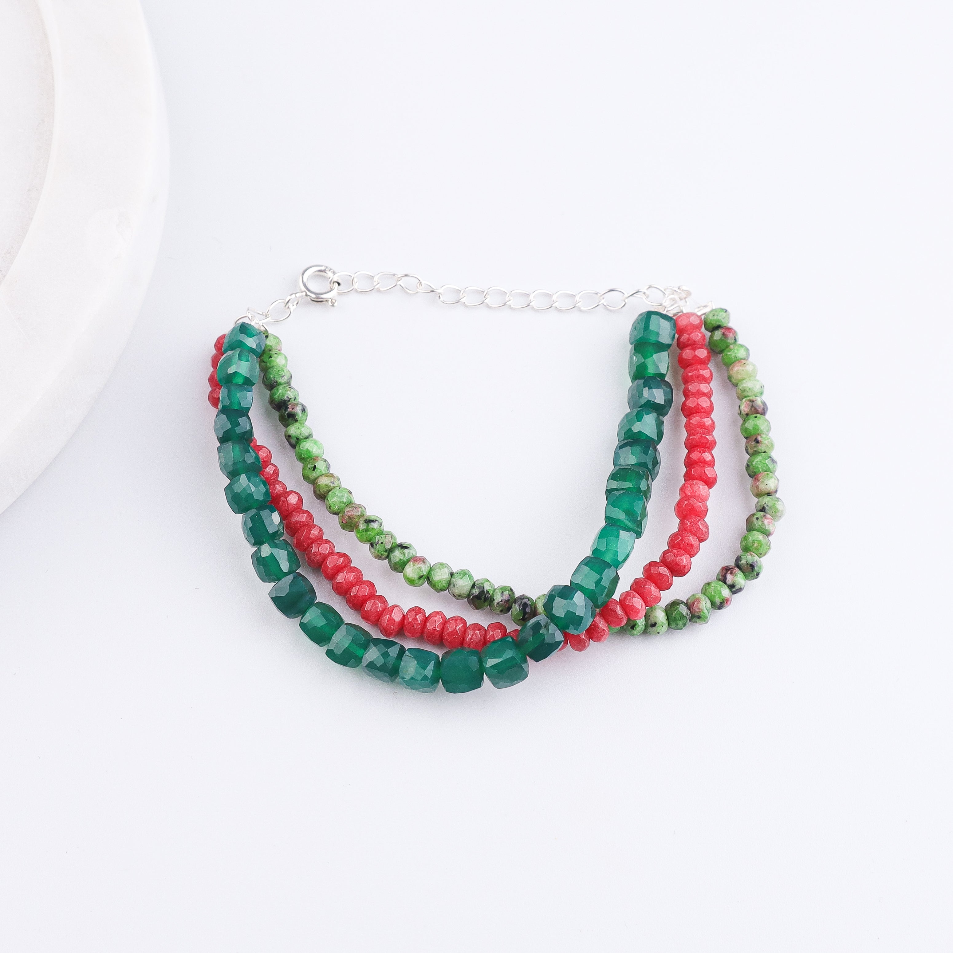 Green Onyx, Red & Green Jade Silver Bracelet (Project Handmade)