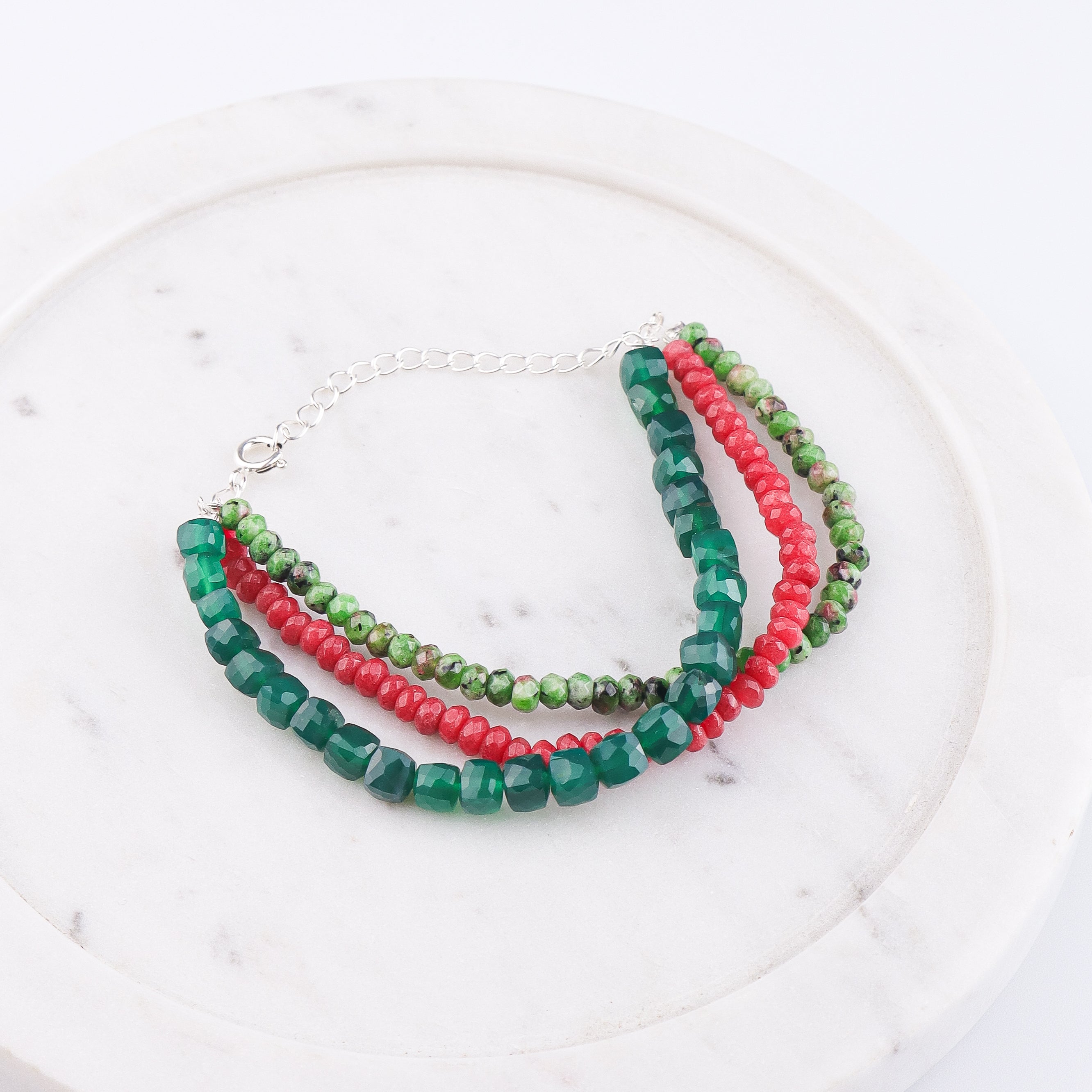 Green Onyx, Red & Green Jade Silver Bracelet (Project Handmade)