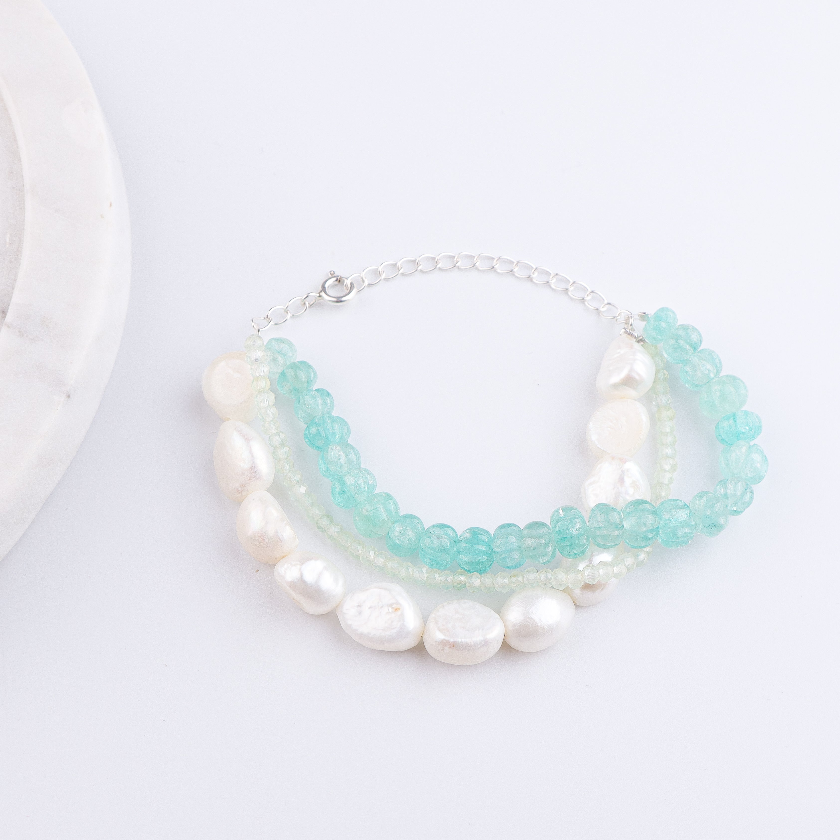 Freshwater Pearl, Carved Pumpkin Aqua Fluorite & Peridot Silver Bracelet (Project Handmade)