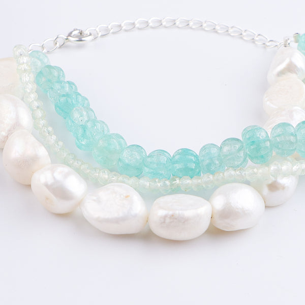 Freshwater Pearl, Carved Pumpkin Aqua Fluorite & Peridot Silver Bracelet (Project Handmade)