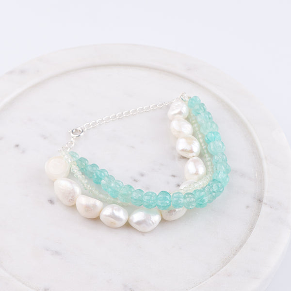Freshwater Pearl, Carved Pumpkin Aqua Fluorite & Peridot Silver Bracelet (Project Handmade)