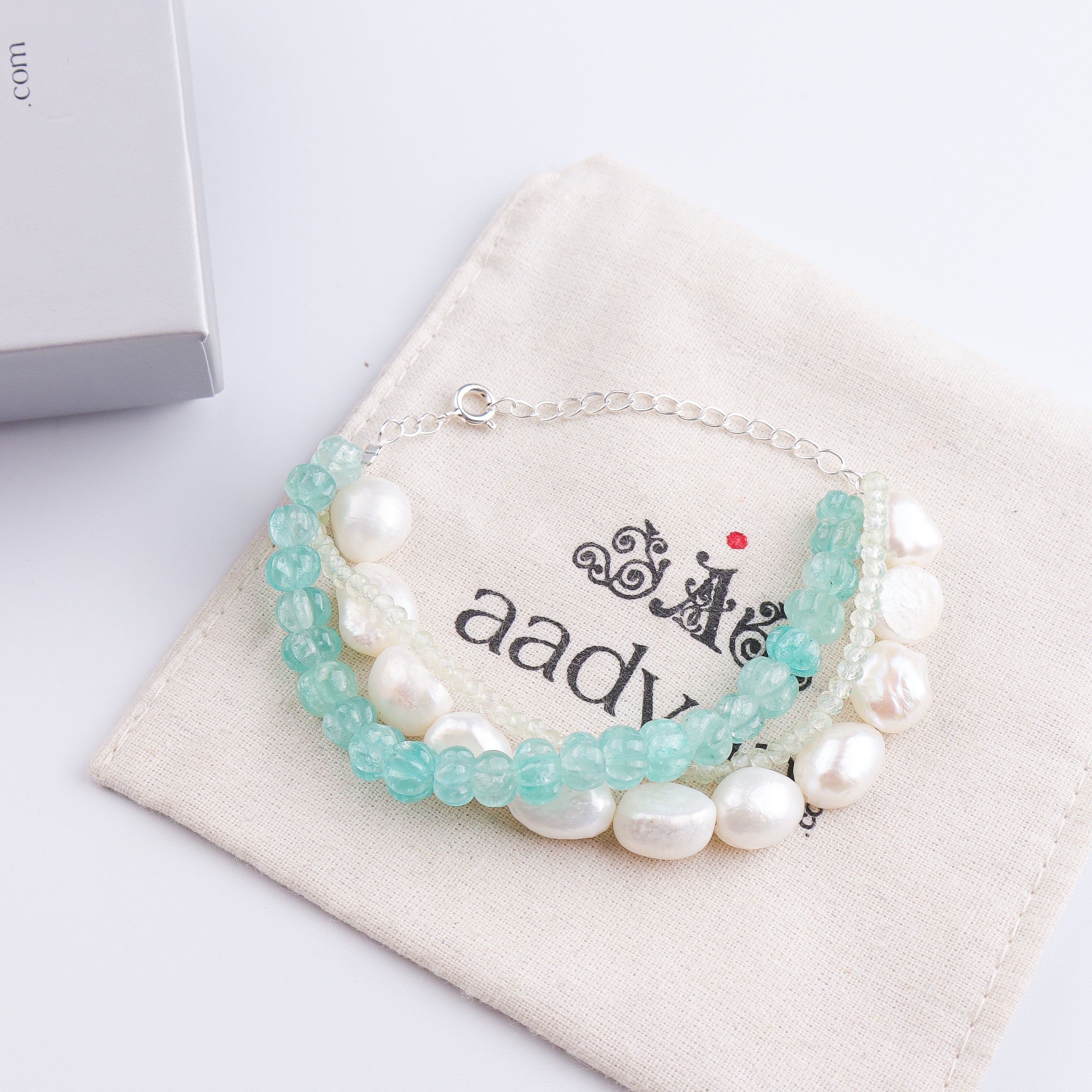 Freshwater Pearl, Carved Pumpkin Aqua Fluorite & Peridot Silver Bracelet (Project Handmade)