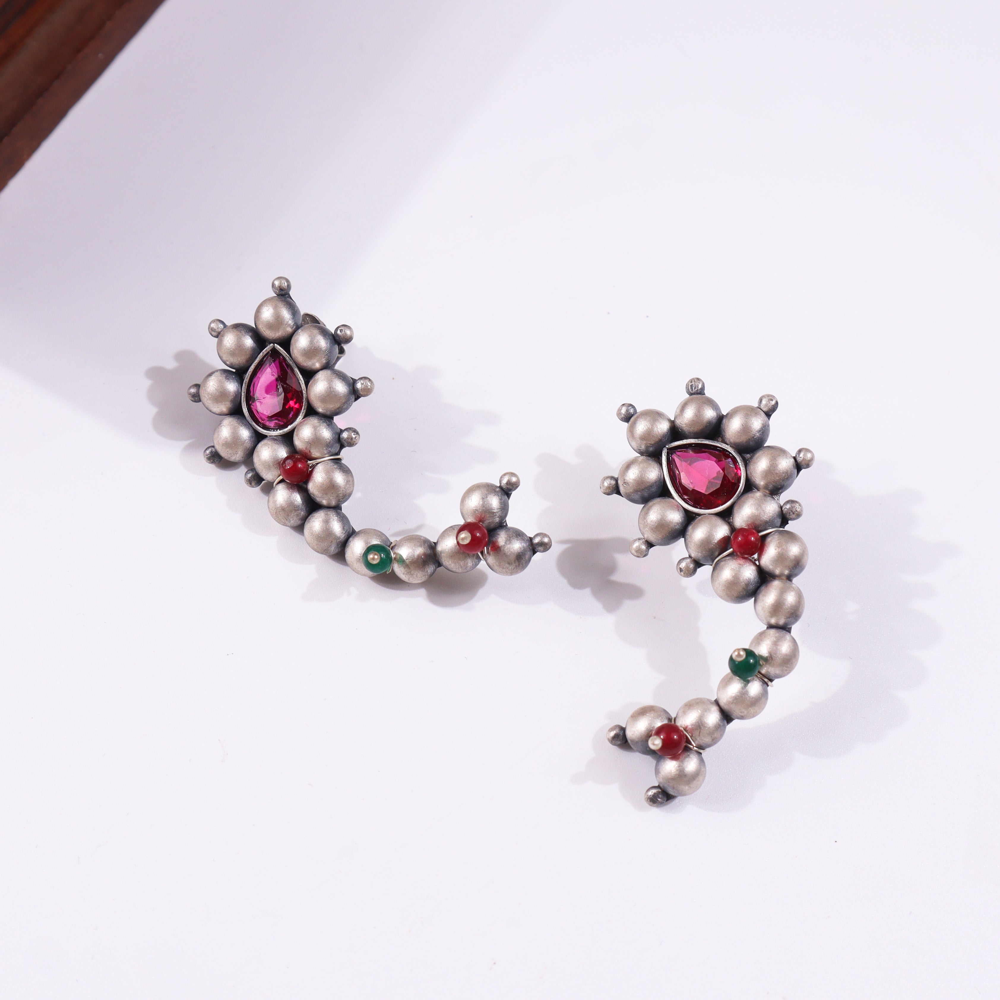 Maharashtrian Nath earrings with pink gemstone and silver beads