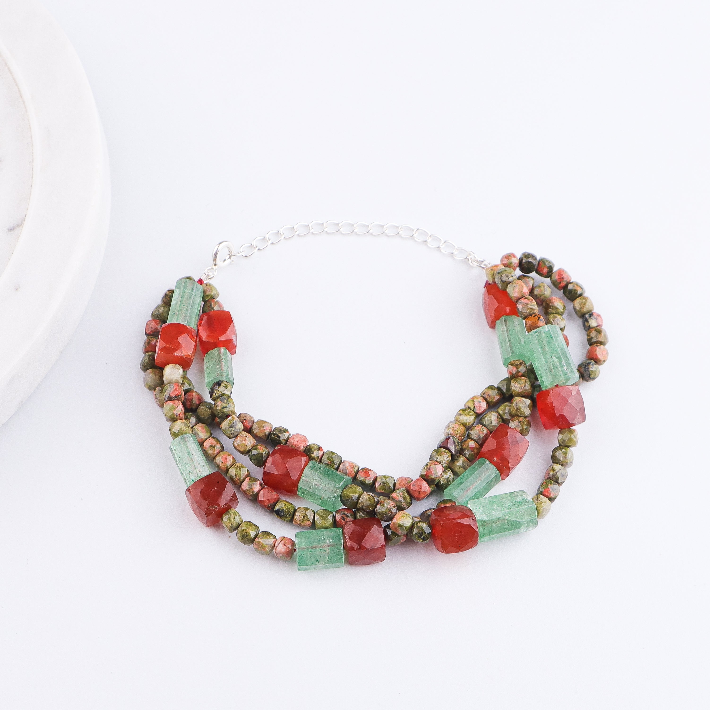 Unakite, Russian Quartz & Carnelian Silver Bracelet (Project Handmade)