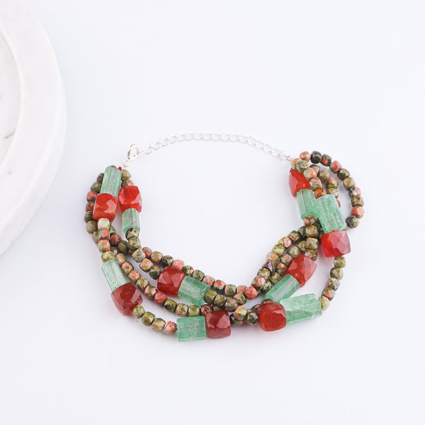 Unakite, Russian Quartz & Carnelian Silver Bracelet (Project Handmade)