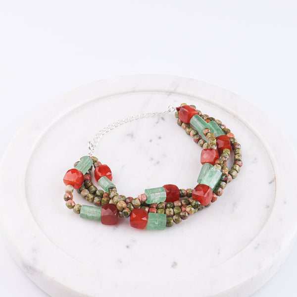 Unakite, Russian Quartz & Carnelian Silver Bracelet (Project Handmade)