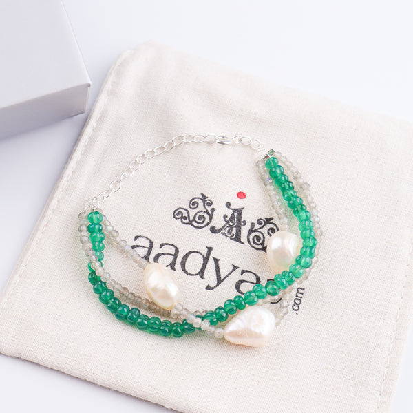 Green Onyx, Labradorite & Freshwater Pearl Silver Bracelet (Project Handmade)