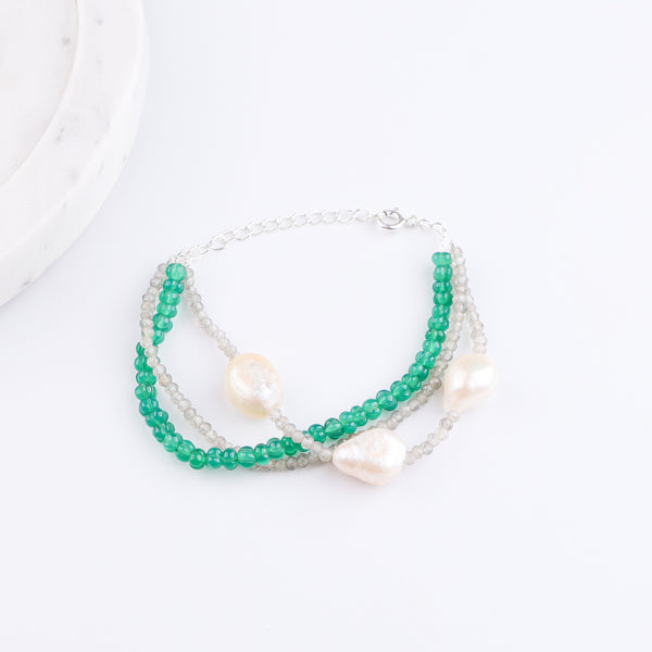 Green Onyx, Labradorite & Freshwater Pearl Silver Bracelet (Project Handmade)