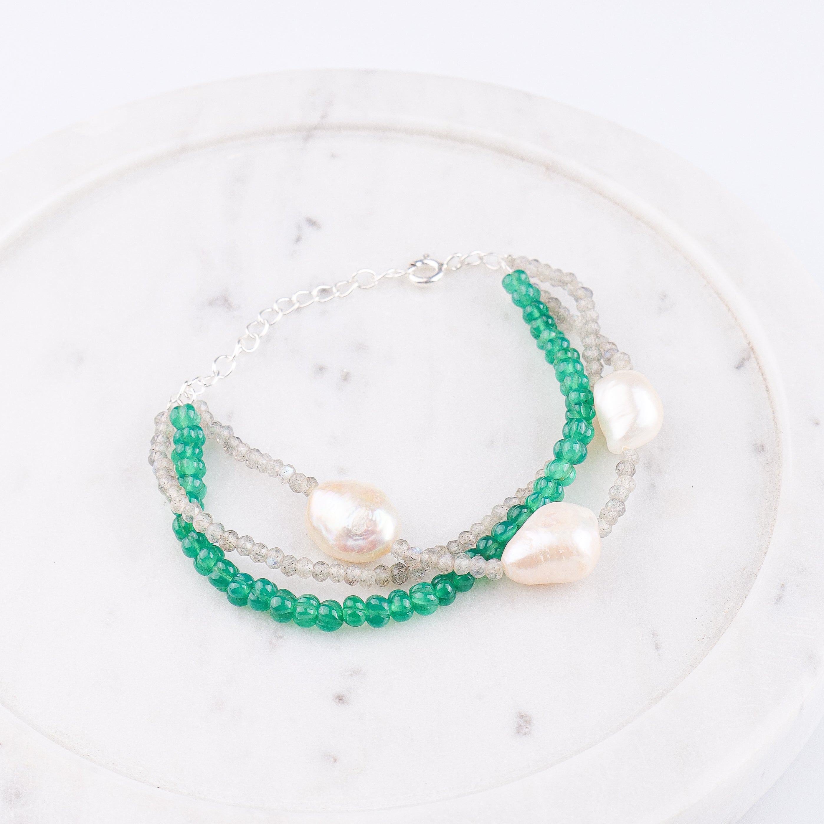 Green Onyx, Labradorite & Freshwater Pearl Silver Bracelet (Project Handmade)