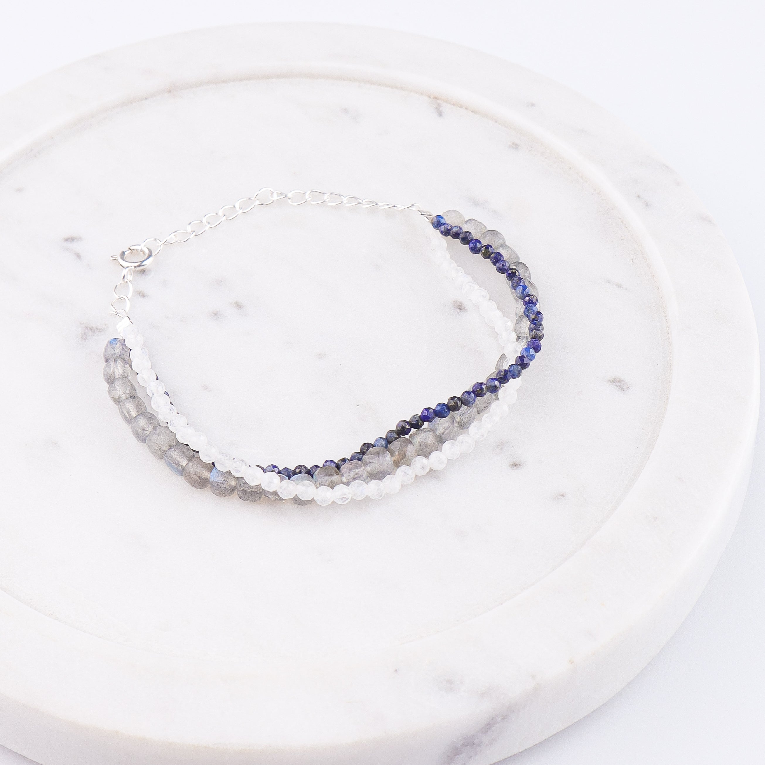 Labradorite, Moonstone & Lapis Lazuli Silver Bracelet (Project Handmade)