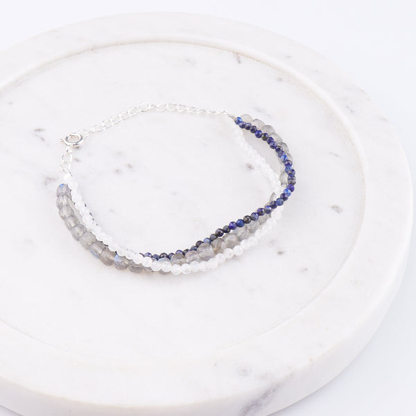 Labradorite, Moonstone & Lapis Lazuli Silver Bracelet (Project Handmade)
