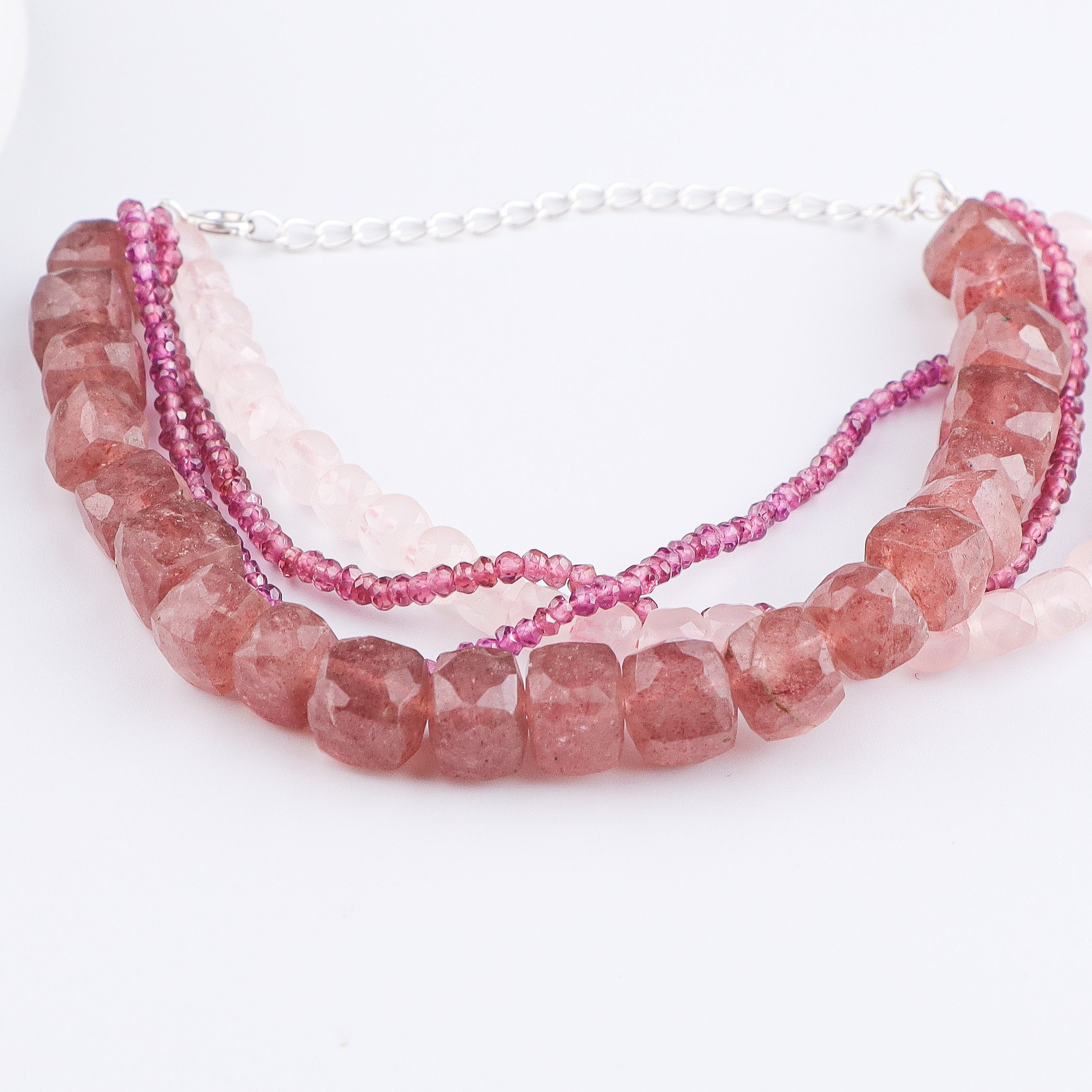 Strawberry Quartz, Rose Quartz & Lab Grown Ruby Silver Bracelet (Project Handmade)