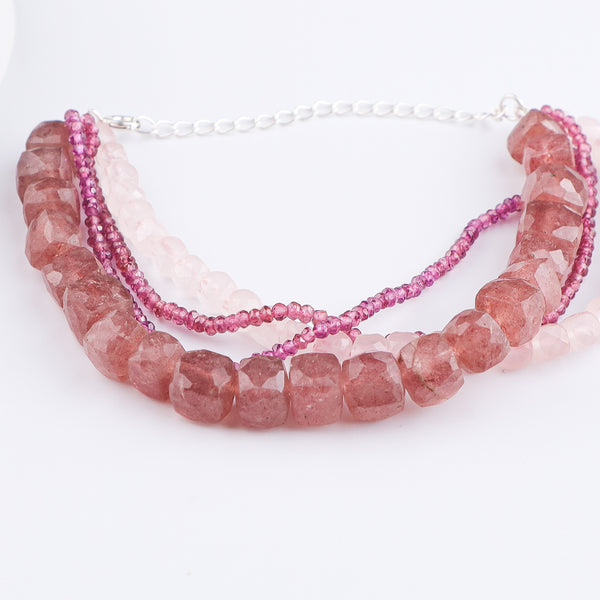 Strawberry Quartz, Rose Quartz & Lab Grown Ruby Silver Bracelet (Project Handmade)