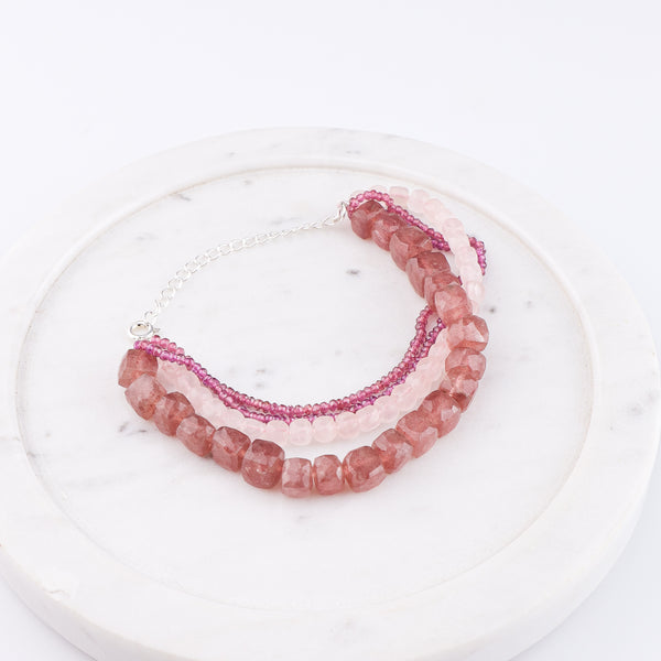 Strawberry Quartz, Rose Quartz & Lab Grown Ruby Silver Bracelet (Project Handmade)