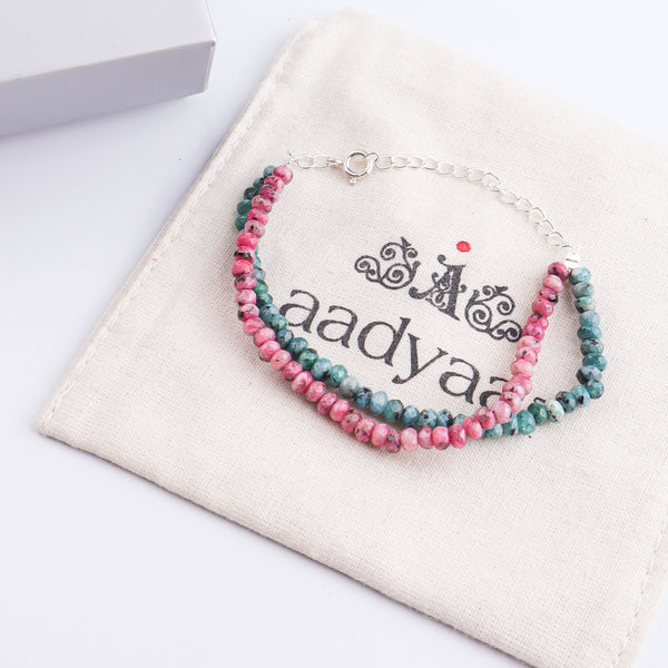 Pink & Green Jade Silver Bracelet (Project Handmade)