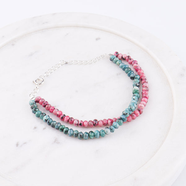 Pink & Green Jade Silver Bracelet (Project Handmade)