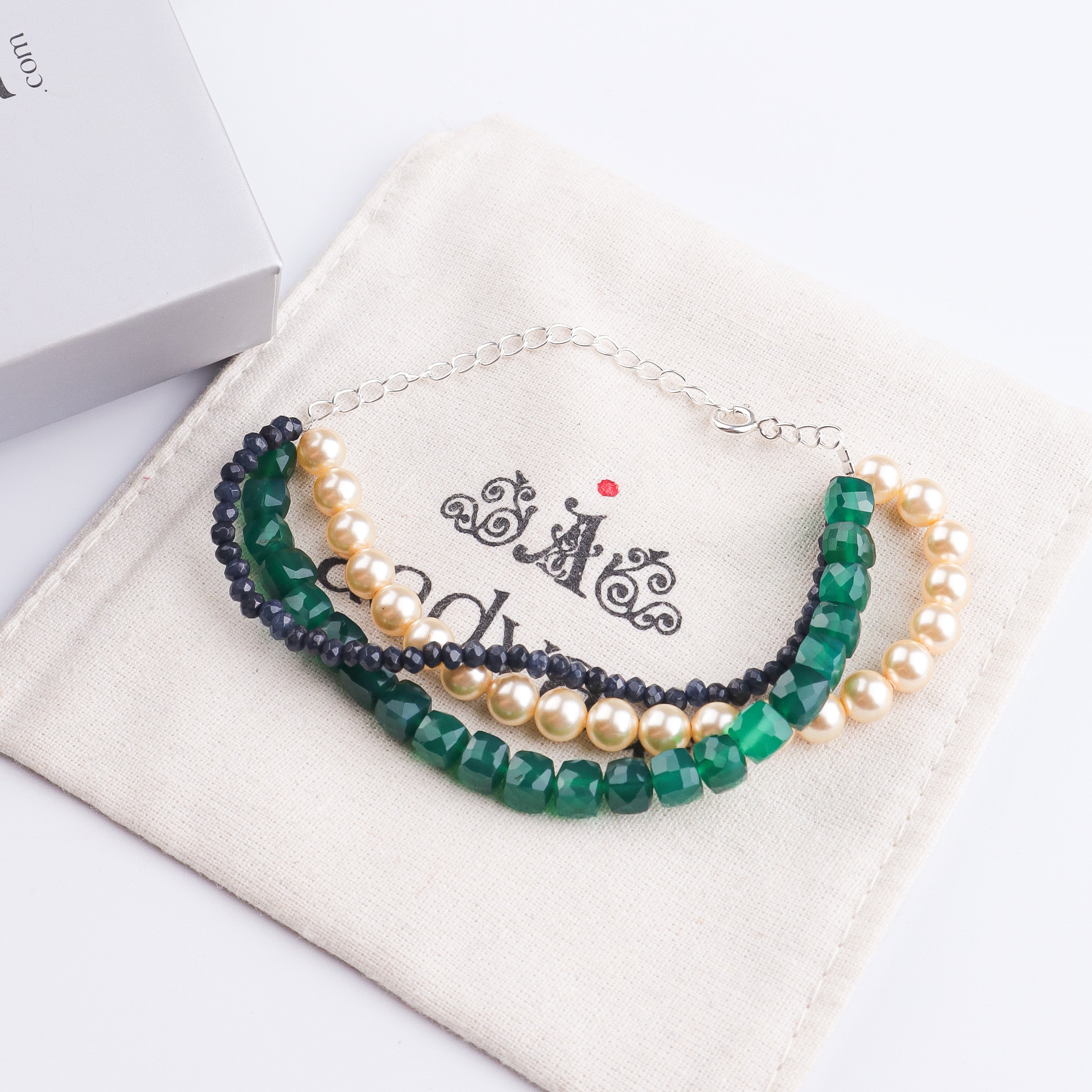 Green Onyx, Blue Jade & Pearl Silver Bracelet (Project Handmade)