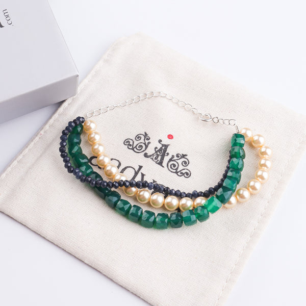Green Onyx, Blue Jade & Pearl Silver Bracelet (Project Handmade)