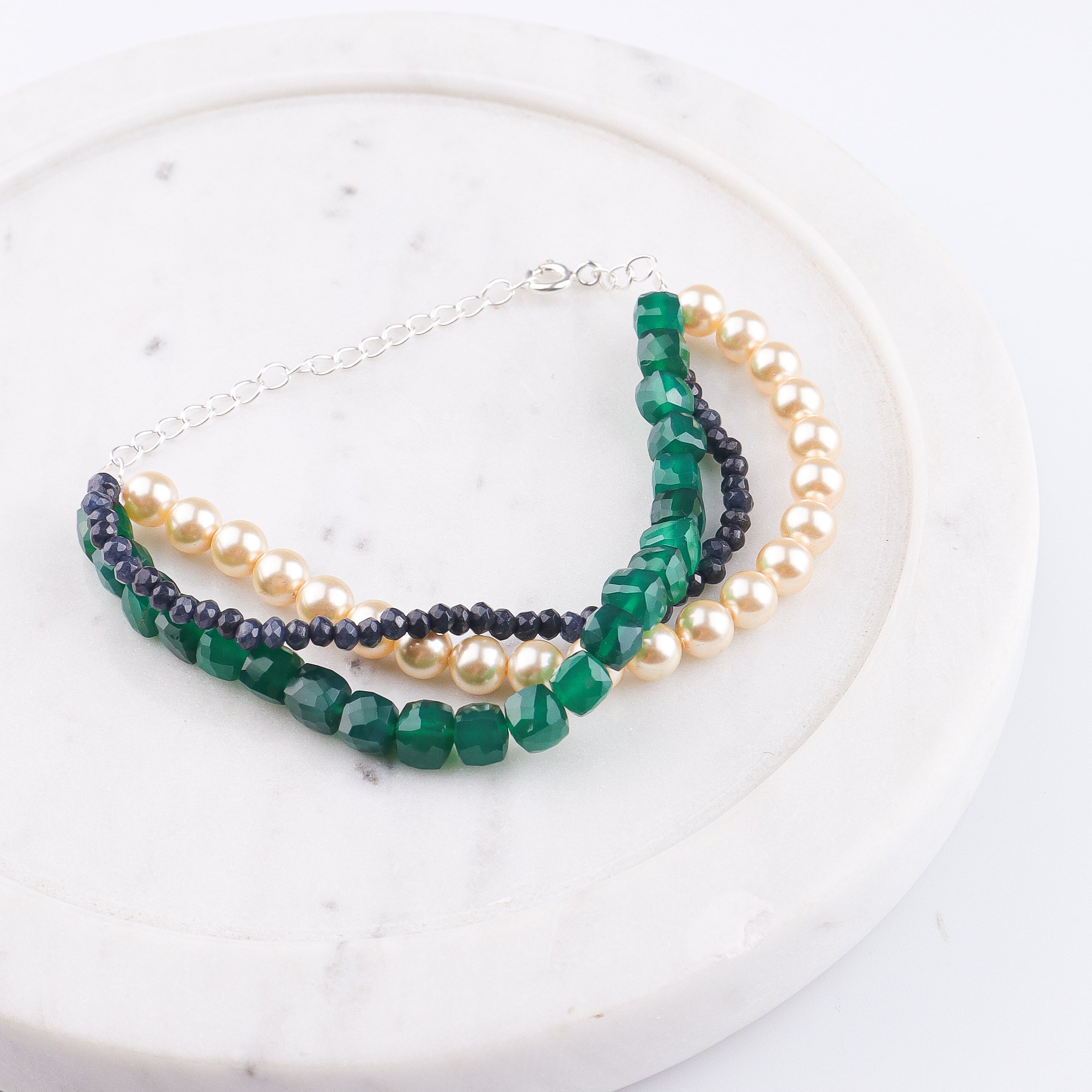 Green Onyx, Blue Jade & Pearl Silver Bracelet (Project Handmade)