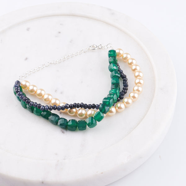 Green Onyx, Blue Jade & Pearl Silver Bracelet (Project Handmade)