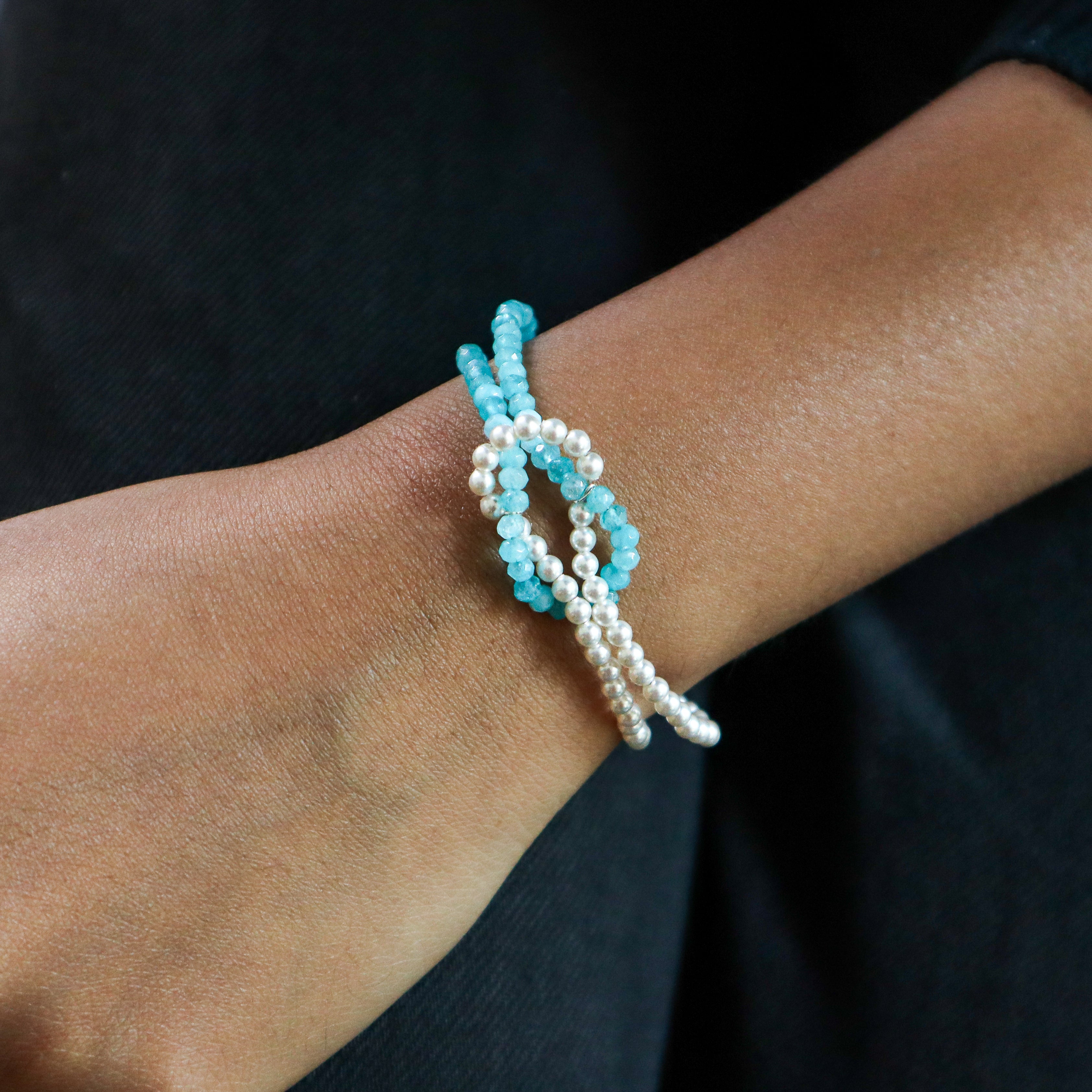 Blue jade pearl silver bracelet handcrafted detailing