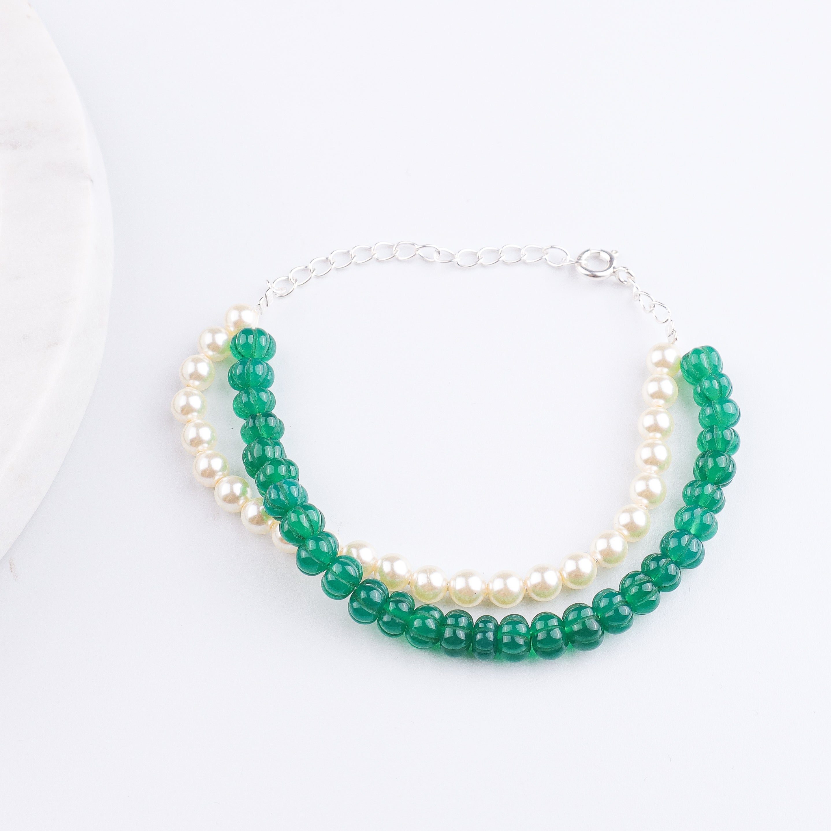 Green Onyx & Pearl Silver Bracelet (Project Handmade)