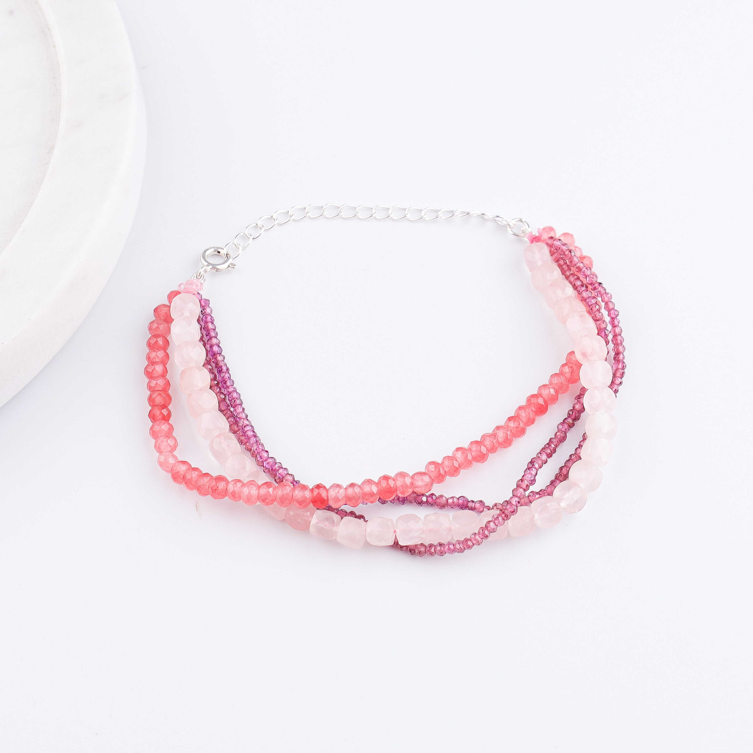Rose Quartz, Pink Jade & Lab Grown Ruby Silver Bracelet (Project Handmade)