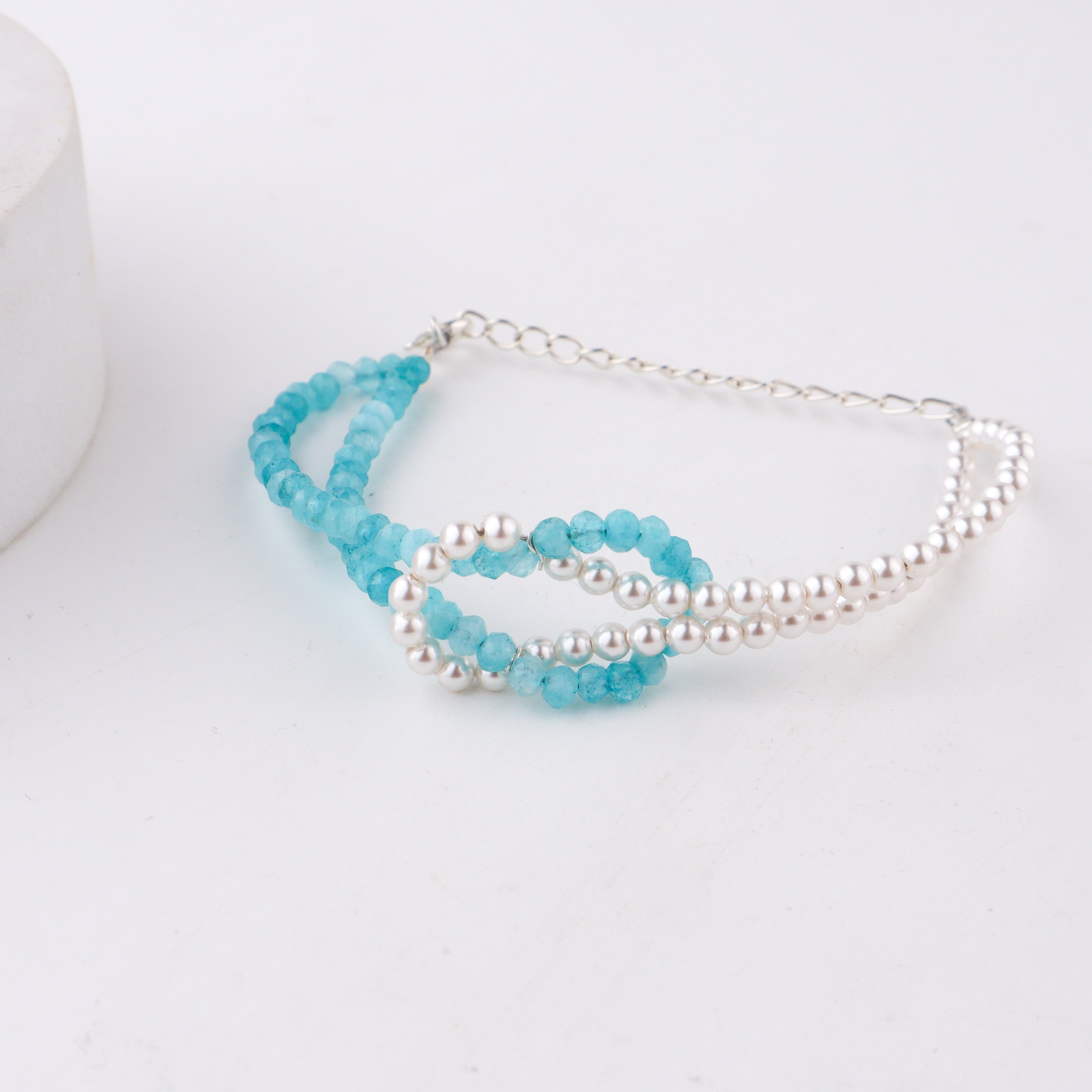 Handcrafted blue jade and pearl bracelet polished finish