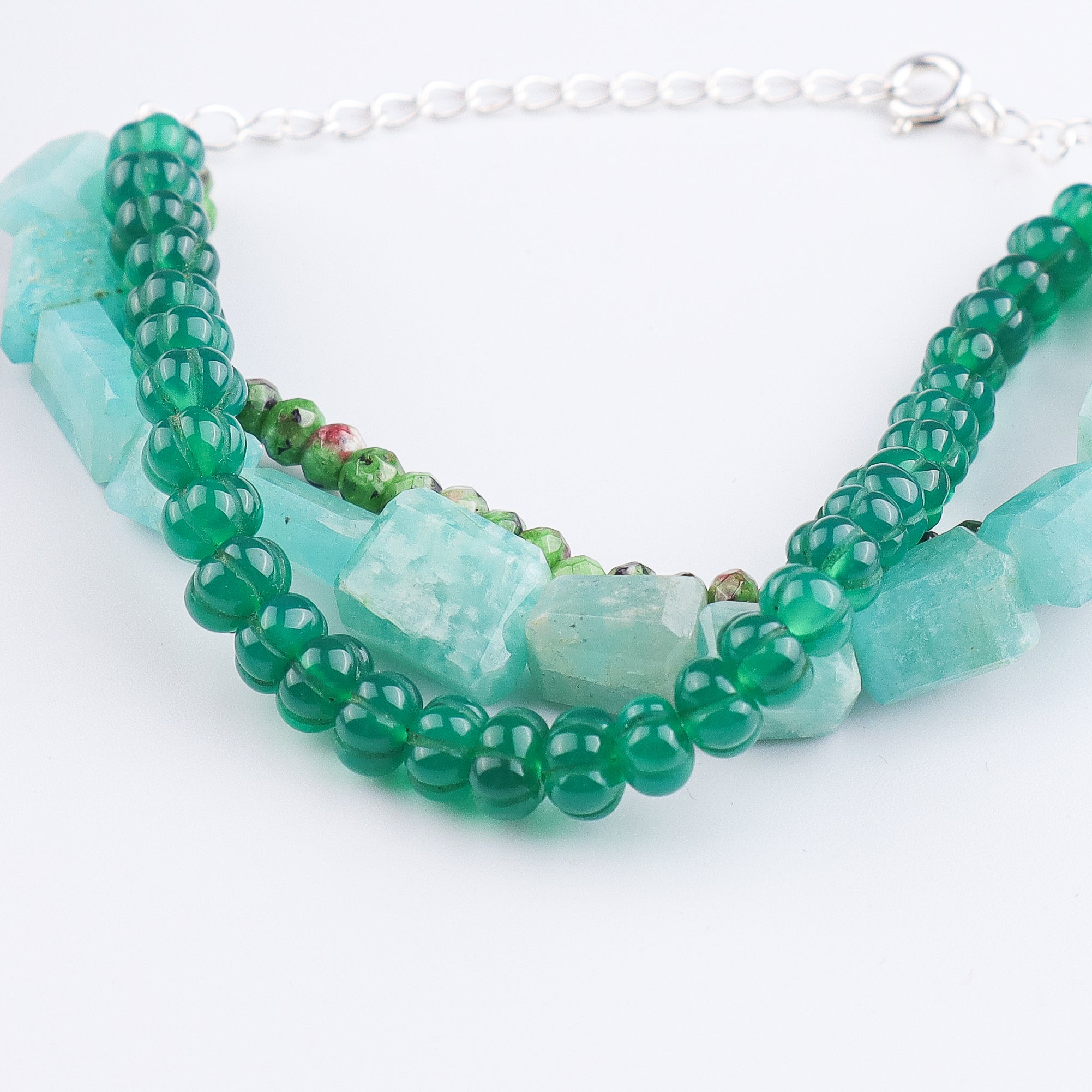 Amazonite, Green Onyx & Green Jade Silver Bracelet (Project Handmade)