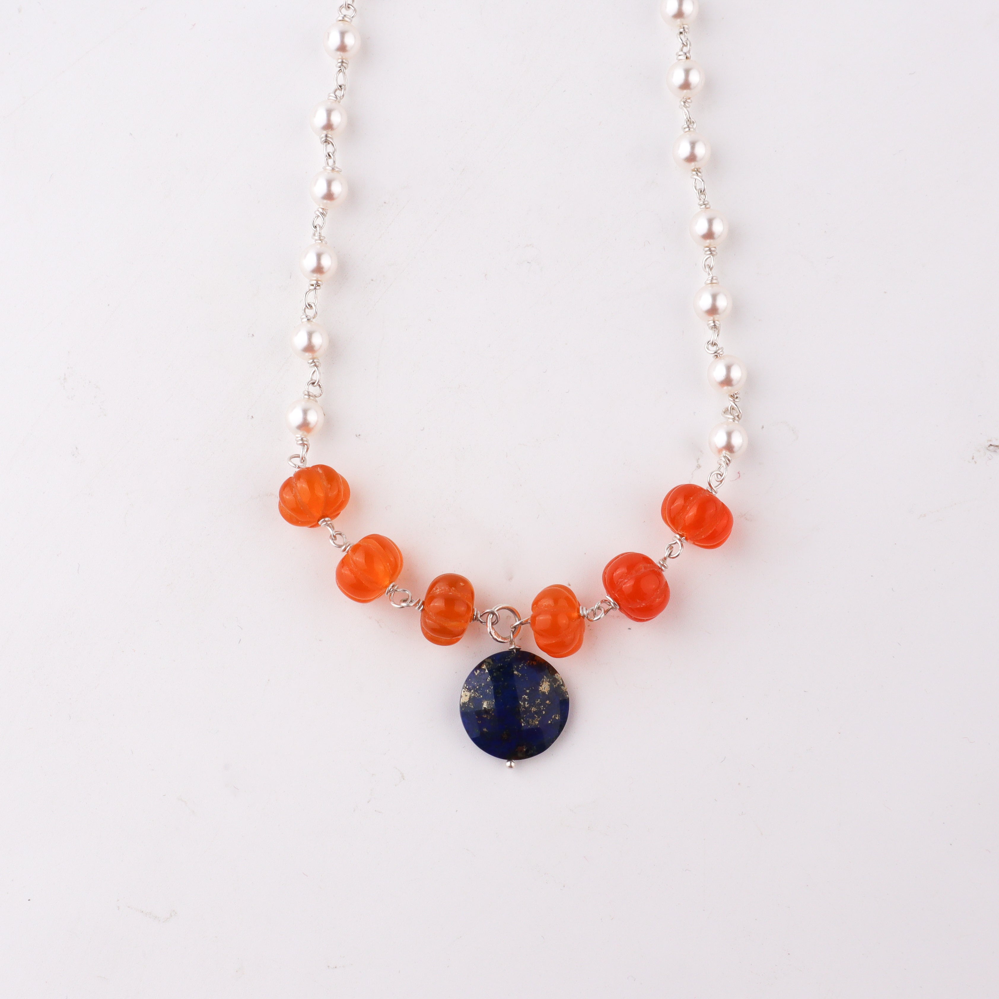 Handcrafted silver lapis pearl necklace with carnelian polished finish