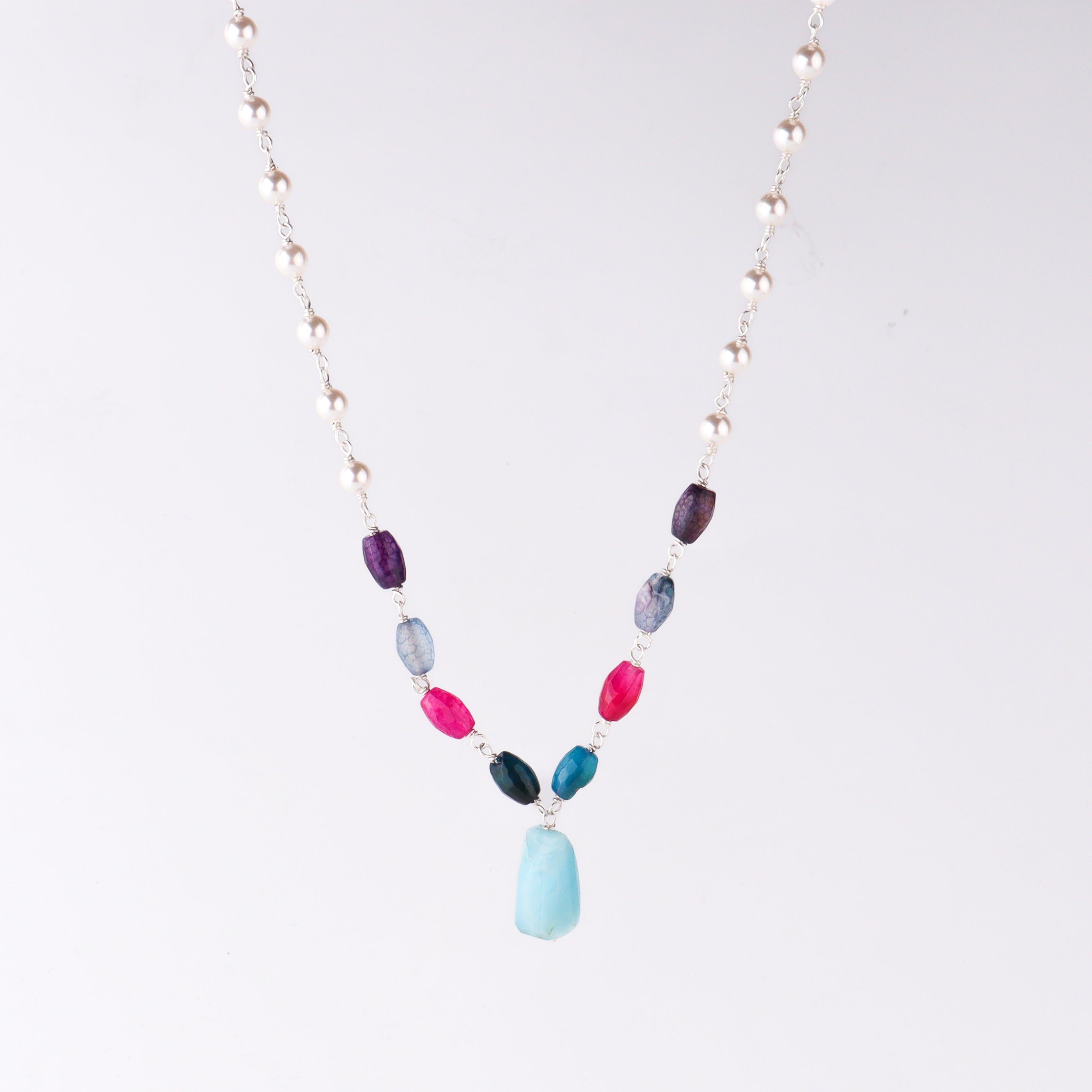 wear Silver Pearl Multicolor Necklace with Amazonite for ethnic look