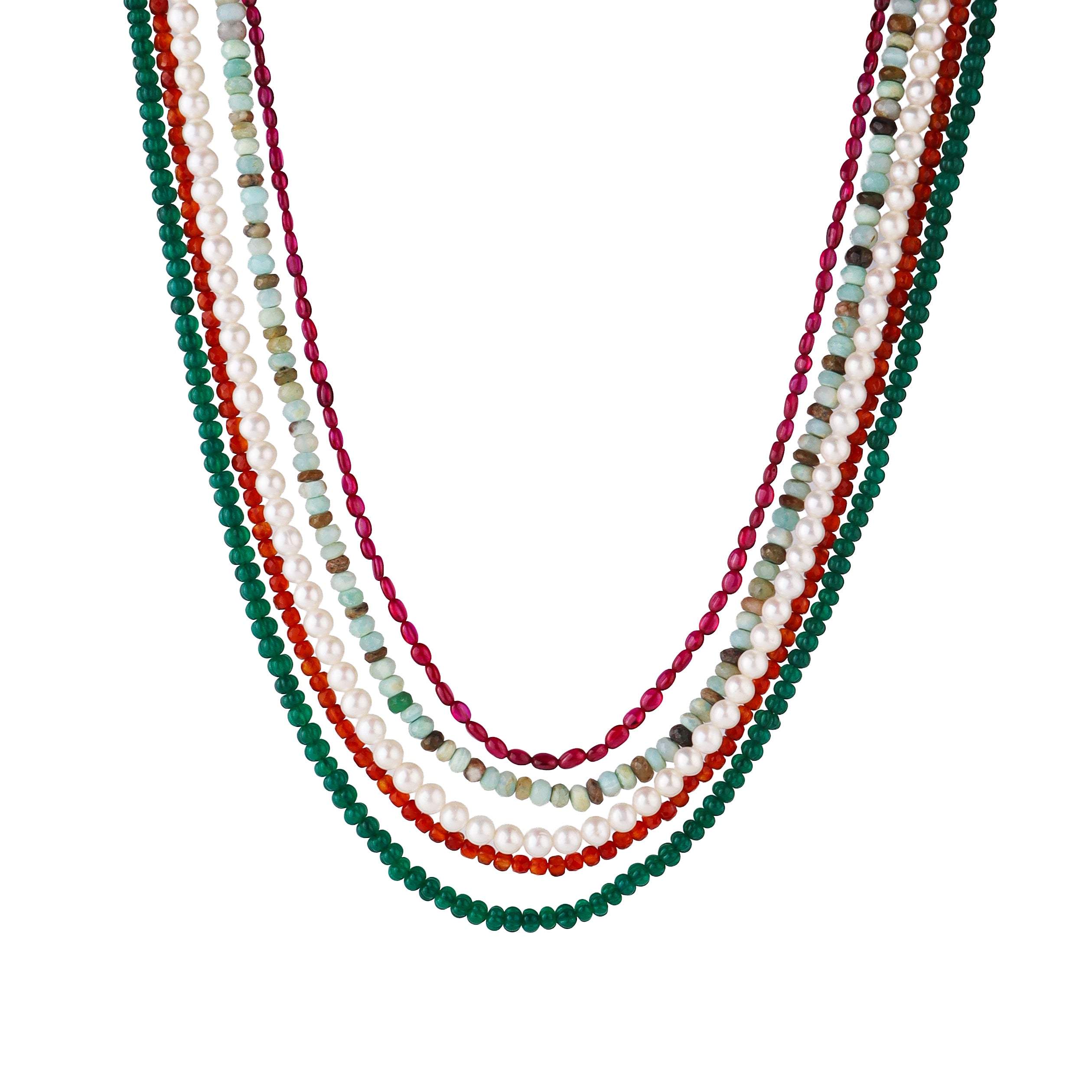 Semi precious stone freshwater pearl silver necklace close-up detailing