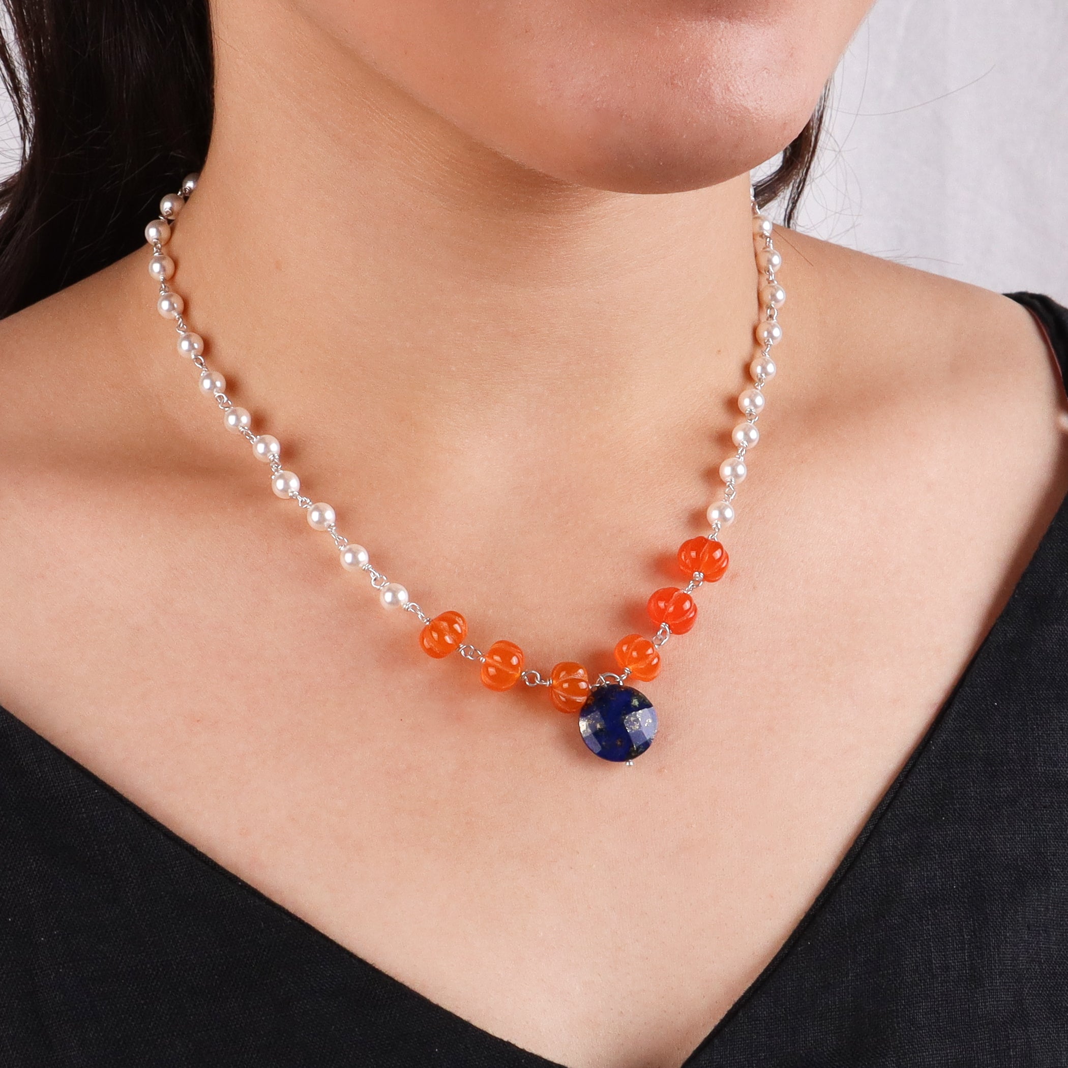 Silver Pearl Lapis Necklace with Carnelian Stone