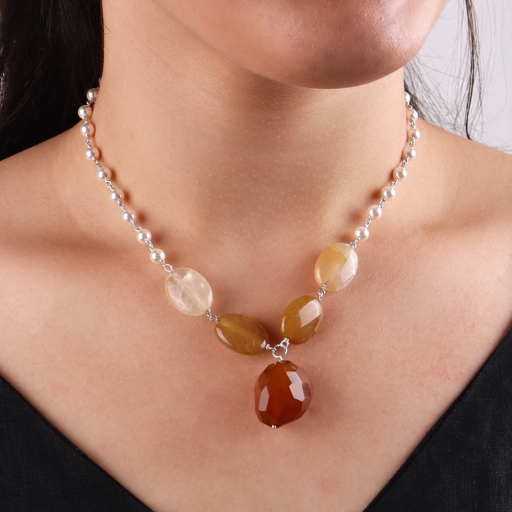 Silver Pearl Ganthan Necklace With Citrine Stone