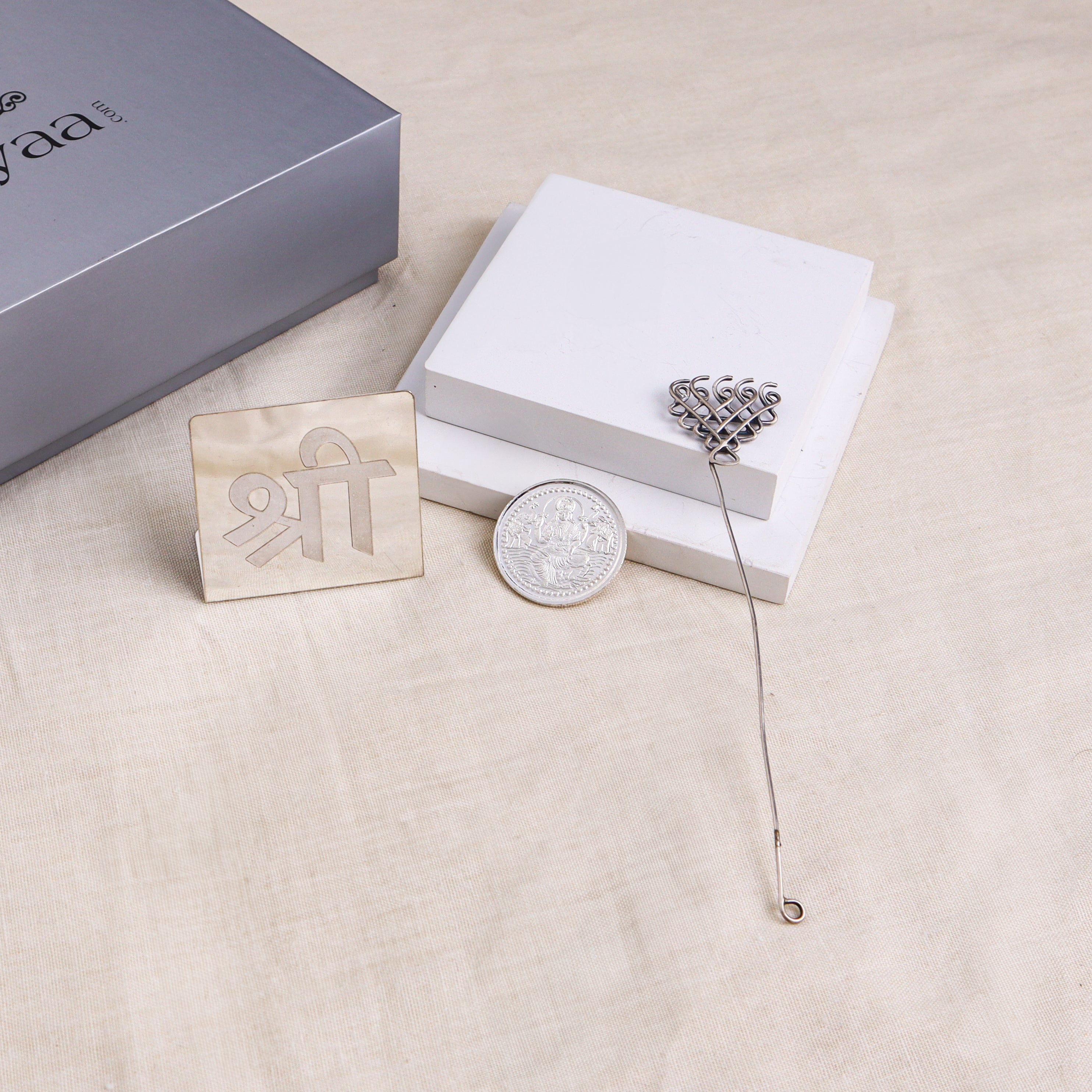 Silver Gift Set: Shree Silver Stand with Saraswati Bookmark and Aadyaa Coin