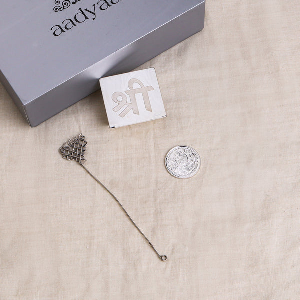 Silver Gift Set: Shree Silver Stand with Saraswati Bookmark and Aadyaa Coin