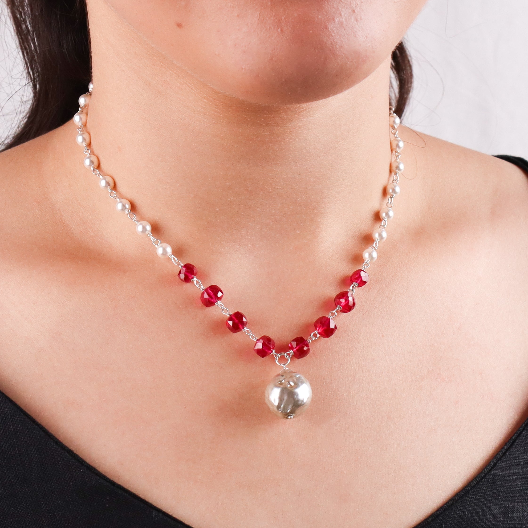Silver Baroque Pearl Necklace with Ruby