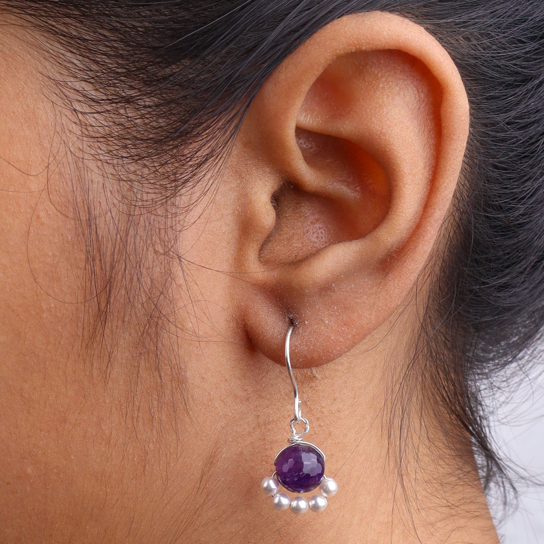 Purple Agate & Pearl Silver Earrings (Project Handmade)