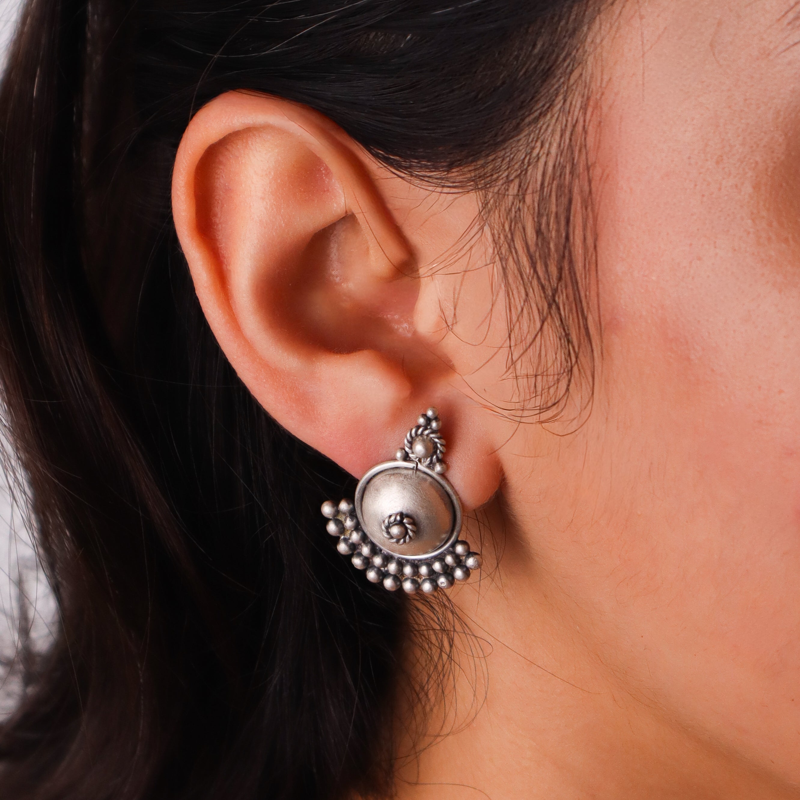 Silver Oxidized Dotted Dome Earring