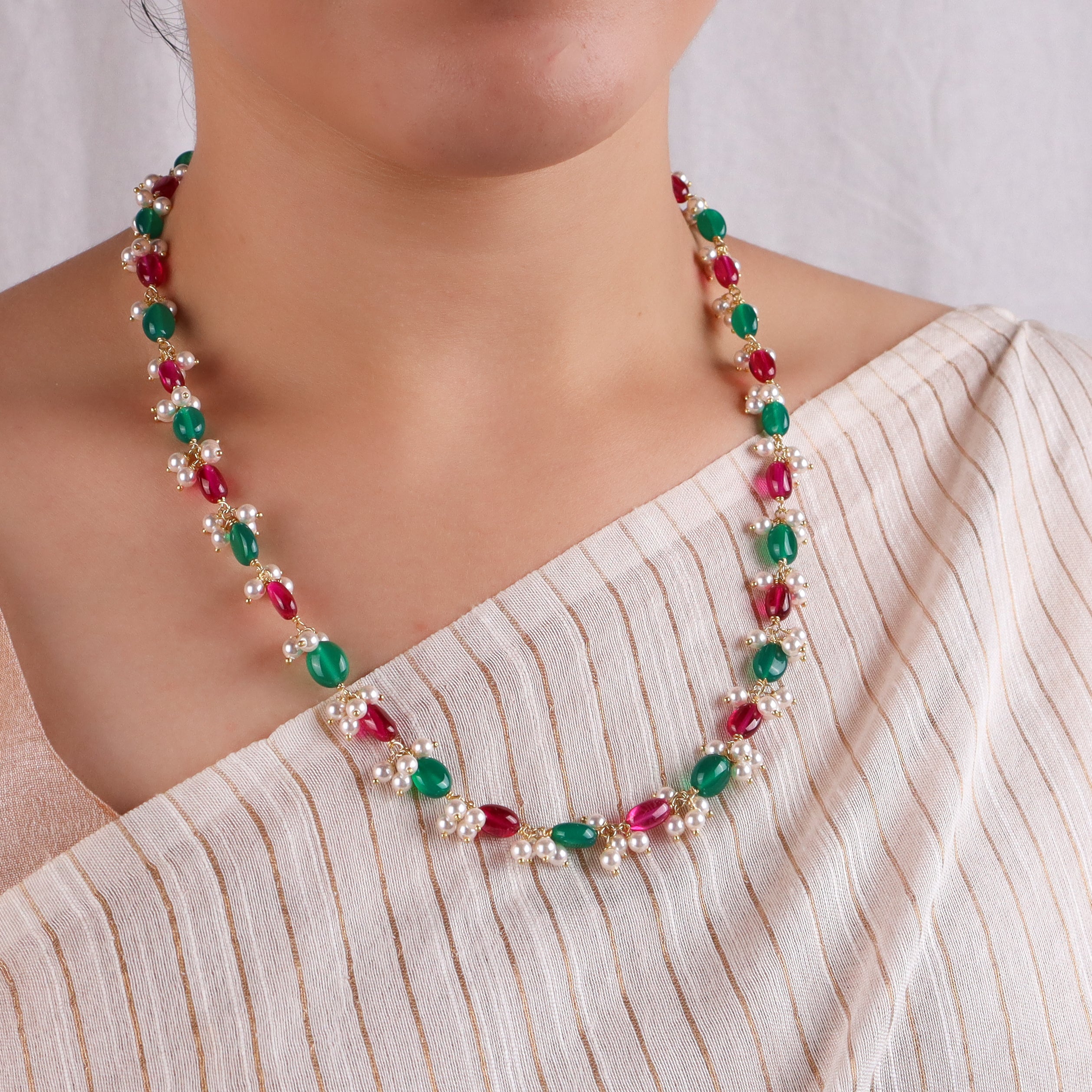 Luxe green onyx ruby and pearl necklace in 92.5 sterling silver