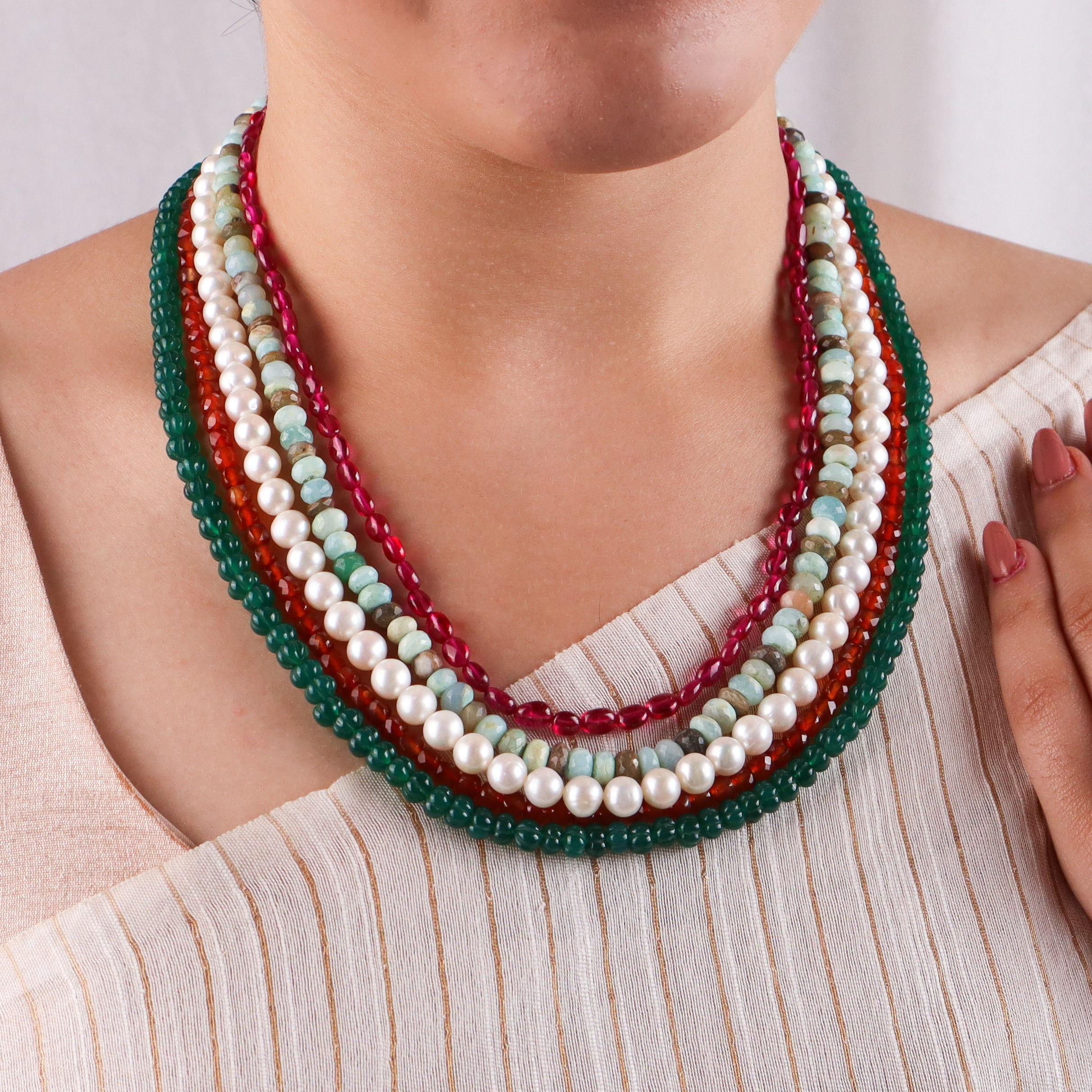 Luxe necklace with semi precious stones and freshwater pearls in 92.5 sterling silver