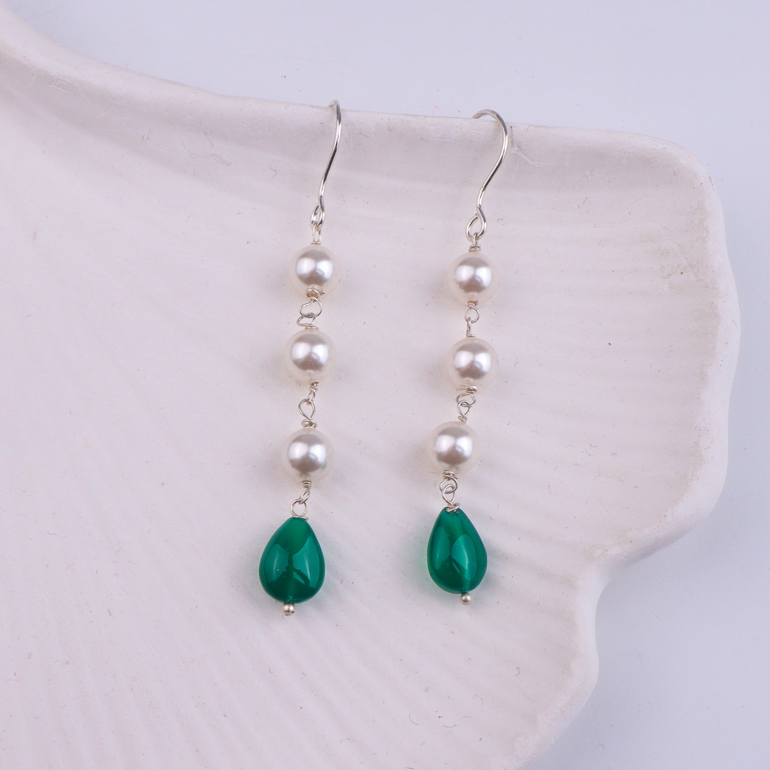 Freshwater Pearl & Green Onyx Silver Earrings (Project Handmade)