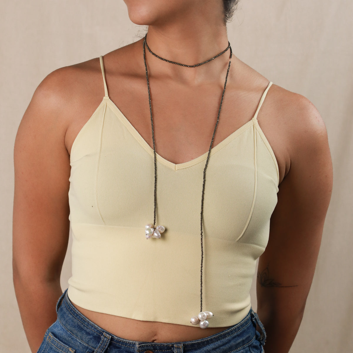 pyrite stone detailing on silver tie and wear necklace