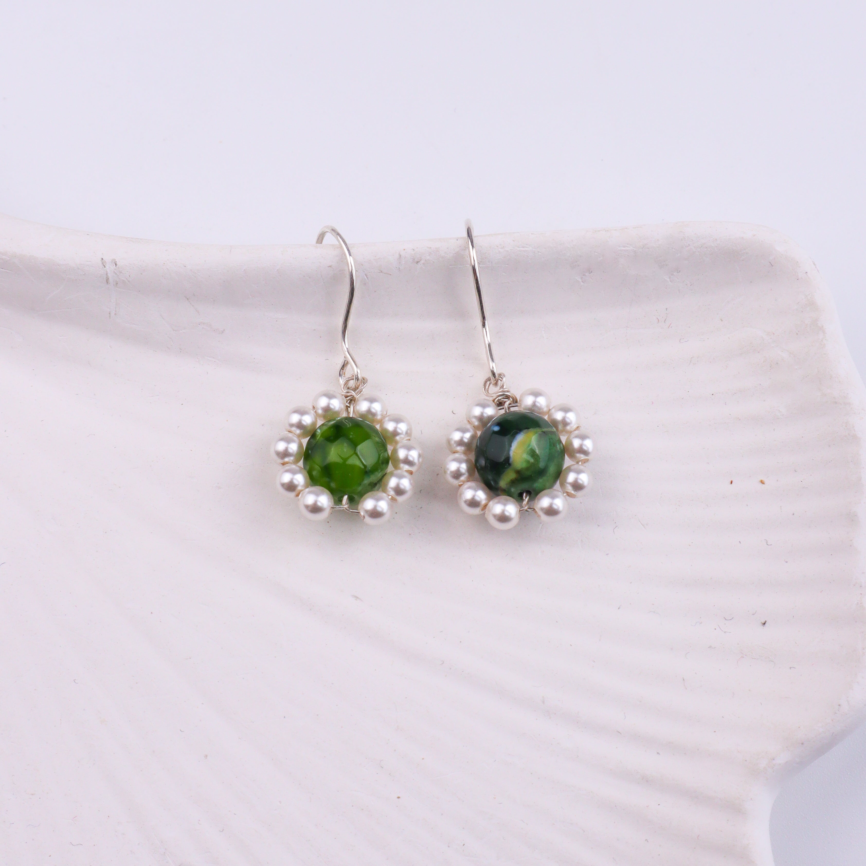 Green Agate & Pearl Silver Earrings (Project Handmade)